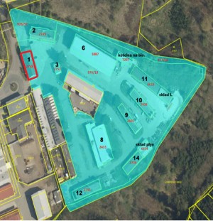 Aukce č. 1_nemovitosti v areálu v Třebíči: Pozemek s administrativní Budovou č. 1  - mapka_Budova 1.jpg