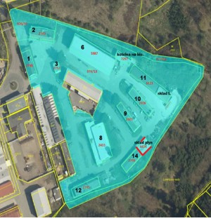 Aukce č. 11_nemovitosti v areálu v Třebíči: Pozemek St. 6624 se skladem technických plynů - mapka_Budova 13.jpg
